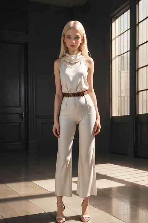 ( detailed realistic background:1),
( official art, beautiful and aesthetic:1 ),
realistic lighting,
cinematic lighting,
hyperrealism,
soothing tones,
muted colors,
high contrast,
soft light,
sharp,
artistic photoshoot,
,
( cute, petite ),
slender,
european,
pale cheeks,
square face shape with angular jaw,
natural "no-makeup" makeup,
,
feet,bare neck,
platinum blonde hair ,
eyes,
standing ,
wearing georgette cowl neck top,wide-leg jumpsuit with belt and kitten heels,