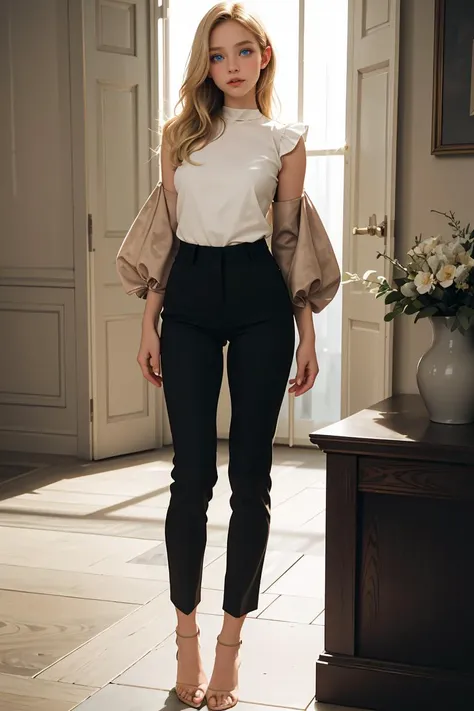 ( detailed realistic background:1),
( official art, beautiful and aesthetic:1 ),
realistic lighting,
cinematic lighting,
hyperrealism,
soothing tones,
muted colors,
high contrast,
soft light,
sharp,
artistic photoshoot,
,
( cute, petite ),
slender,
european,
pale cheeks,
square face shape with angular jaw,
natural "no-makeup" makeup,
big breasts,
feet,bare neck,
blonde hair ,
eyes,
standing ,
wearing suede puff sleeve blouse,trousers and heels,