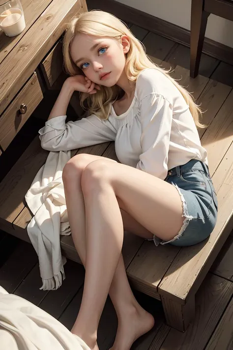 ( detailed realistic background:1),
( official art, beautiful and aesthetic:1 ),
realistic lighting,
cinematic lighting,
hyperrealism,
soothing tones,
muted colors,
high contrast,
soft light,
sharp,
artistic photoshoot,
,
( cute, petite ),
slender,
european,
pale cheeks,
square face shape with angular jaw,
natural "no-makeup" makeup,
big breasts,
feet,bare neck,
blonde hair ,
eyes,
laying on back, from above,
wearing muslin peasant blouse,fringed shorts and boat shoes,