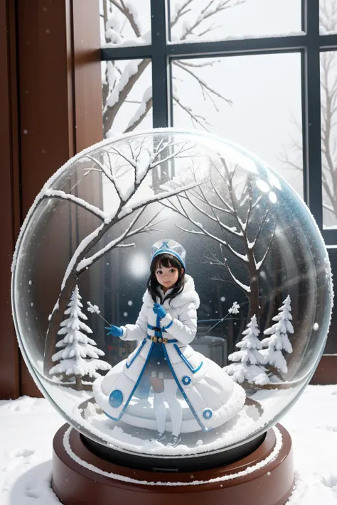 1girl, snowglobe with a [Cancun|Leptis Magna] from inside of a Toronto, it is very Biomechanical and Dried, inside, snowy layer, snowing inside snowglobe, glass, idyllic and cute, bokeh background