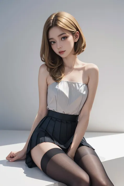 Grey Houndstooth Dress、(Highest quality)、((Very detailed))、4K、(8K)、masterpiece、Very detailedな、Highest quality、Super Resolution、1 person、Kind Face、Soft Light、RAW quality、Soft Skin、163cm、White Room:1.5、Thighs、knees