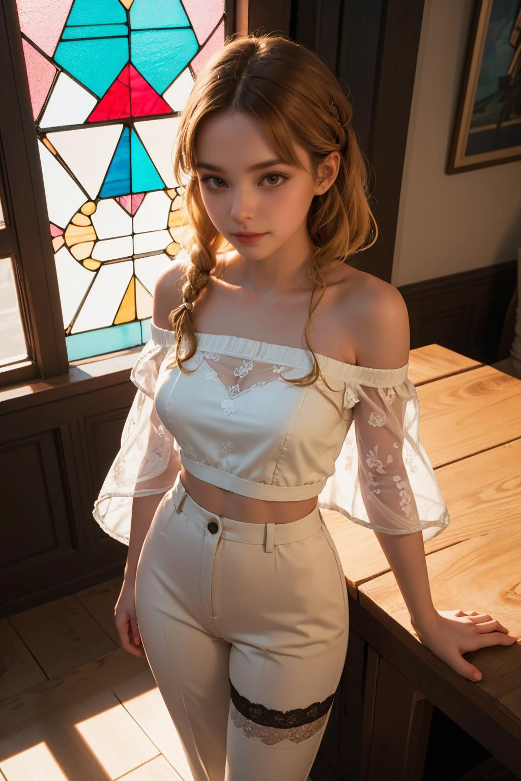 ( detailed realistic background:1),
( official art, beautiful and aesthetic:1 ),
realistic lighting,
cinematic lighting,
hyperrealism,
soothing tones,
muted colors,
high contrast,
soft light,
sharp,
artistic photoshoot,
( cute, petite),
slender,
european,
pale cheeks,
square face shape with angular jaw,
natural "no-makeup" makeup,
big breasts,
honey blonde milkmaid braid hair,
wearing Sheer floral print blouse and matching wide-leg pants, lurex stockings , Upper Body , From Above ,,
Bare shoulders, Bare neck, , coastline canyon,stained glass window,nighttime wonder,