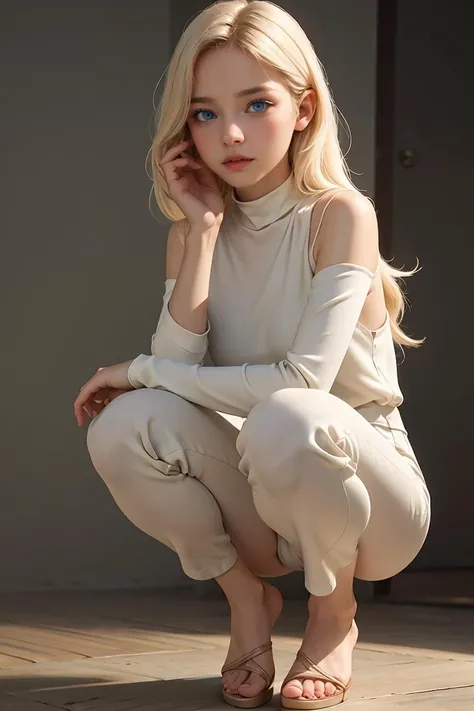 ( detailed realistic background:1),
( official art, beautiful and aesthetic:1 ),
realistic lighting,
cinematic lighting,
hyperrealism,
soothing tones,
muted colors,
high contrast,
soft light,
sharp,
artistic photoshoot,
,
( cute, petite ),
slender,
european,
pale cheeks,
square face shape with angular jaw,
natural "no-makeup" makeup,
,
feet,bare neck,
platinum blonde hair ,
eyes,
crouching ,
wearing rayon mock neck top,cropped wide-leg jumpsuit and slides,