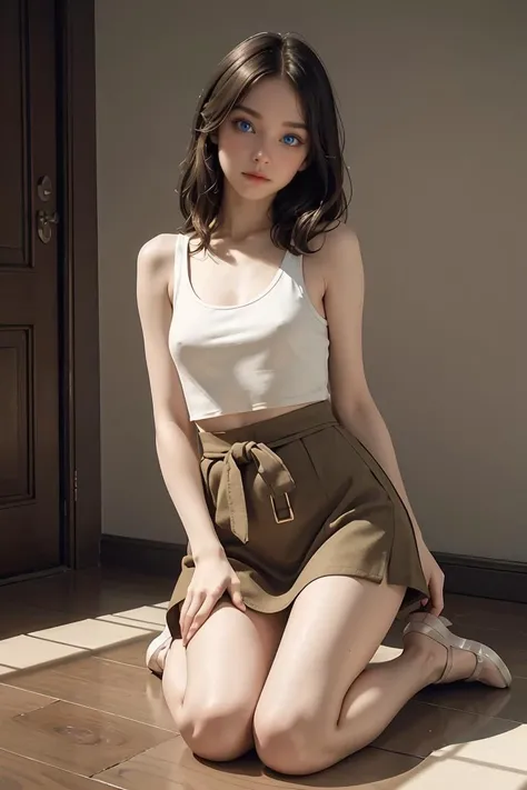 ( detailed realistic background:1),
( official art, beautiful and aesthetic:1 ),
realistic lighting,
cinematic lighting,
hyperrealism,
soothing tones,
muted colors,
high contrast,
soft light,
sharp,
artistic photoshoot,
,
( cute, petite ),
slender,
european,
pale cheeks,
square face shape with angular jaw,
natural "no-makeup" makeup,
big breasts,
feet,bare neck,
blonde hair ,
eyes,
Kneeling ,
wearing chenille cropped tank top,paperbag waist skirt and ballet flats,