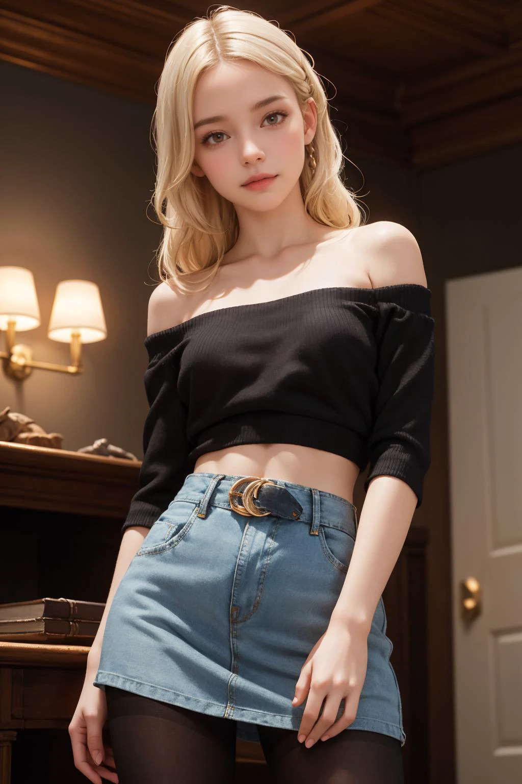 ( detailed realistic background:1),
( official art, beautiful and aesthetic:1 ),
realistic lighting,
cinematic lighting,
hyperrealism,
soothing tones,
muted colors,
high contrast,
soft light,
sharp,
artistic photoshoot,
( cute, petite),
slender,
european,
pale cheeks,
square face shape with angular jaw,
natural "no-makeup" makeup,
big breasts,
platinum blonde milkmaid braid hair,
wearing Ruffled off-the-shoulder top and denim cutoff skirt, waist-high pantyhose , Upper Body , From Below ,,
Bare shoulders, Bare neck, , utopian city corbel,