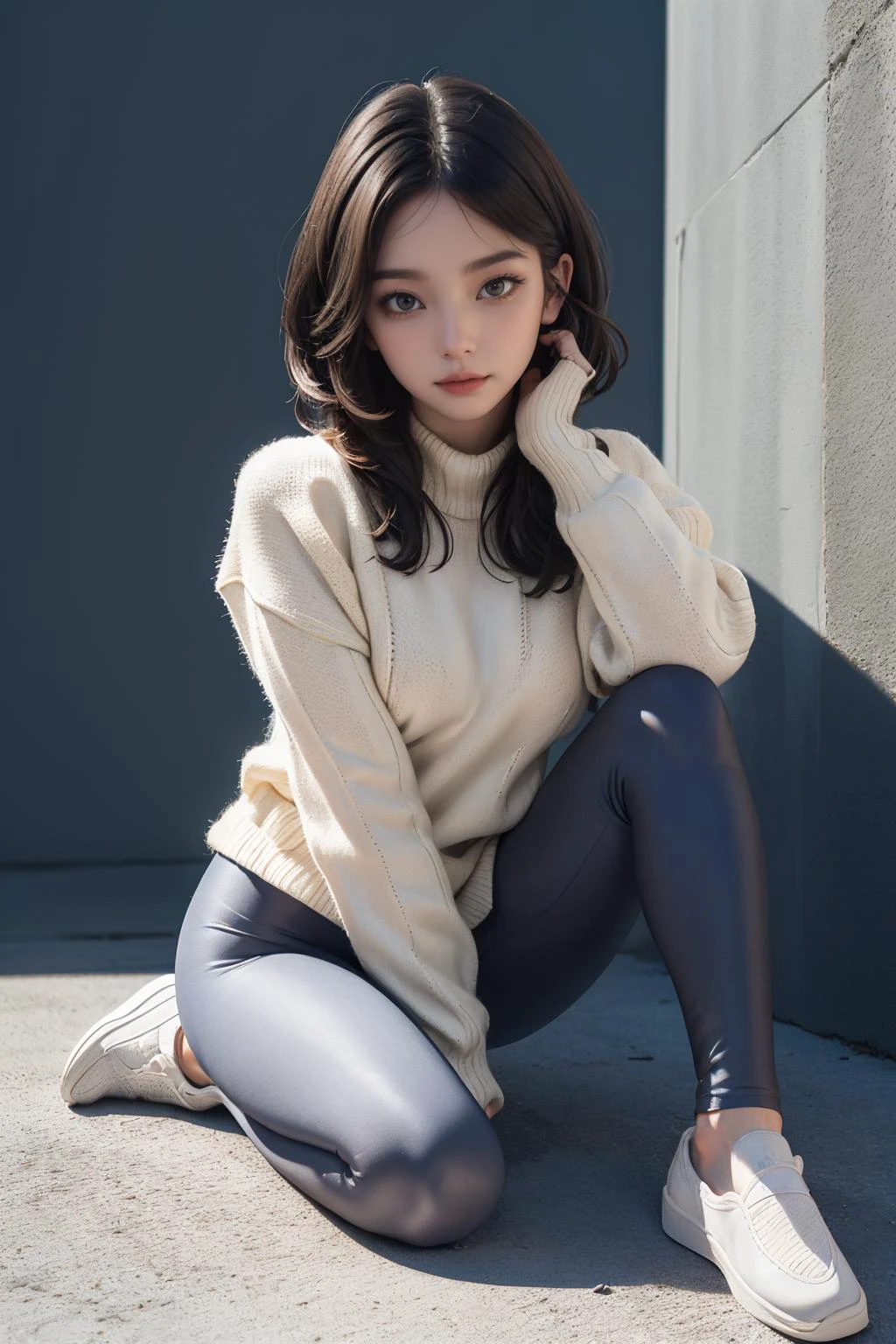 ( detailed realistic background:1),
( official art, beautiful and aesthetic:1 ),
realistic lighting,
cinematic lighting,
hyperrealism,
soothing tones,
muted colors,
high contrast,
soft light,
sharp,
artistic photoshoot,
( cute, petite ),
slender,
european,
pale cheeks,
square face shape with angular jaw,
natural "no-makeup" makeup,
big breasts,
,
brunette hair ,
asymmetrical bob hair ,
wearing (Oversized_sweater:1.4),(Leggings:1.3),(Slip-on_sneakers:1.2),(Street_art_background:1.4) ,
looking at viewer,