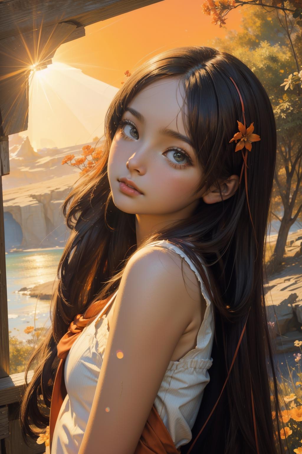 A woman with long hair and a flower in her hair - SeaArt AI
