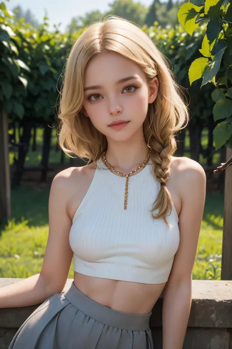 ( detailed realistic background:1),
( official art, beautiful and aesthetic:1 ),
realistic lighting,
cinematic lighting,
hyperrealism,
soothing tones,
muted colors,
high contrast,
soft light,
sharp,
artistic photoshoot,
( cute, petite),
slender,
european,
pale cheeks,
square face shape with angular jaw,
natural "no-makeup" makeup,
big breasts,
honey blonde milkmaid braid hair,
wearing Ribbed knit culottes and beaded stockings , Upper Body , ,
Bare shoulders, Bare neck, , vineyard rainbow,