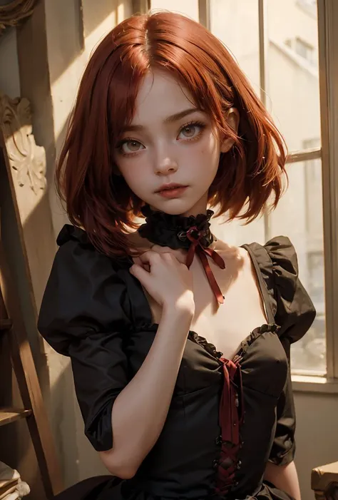 (masterpiece, best quality), 1girl, red hair, medium chest, gothic frill dress, pervert face,