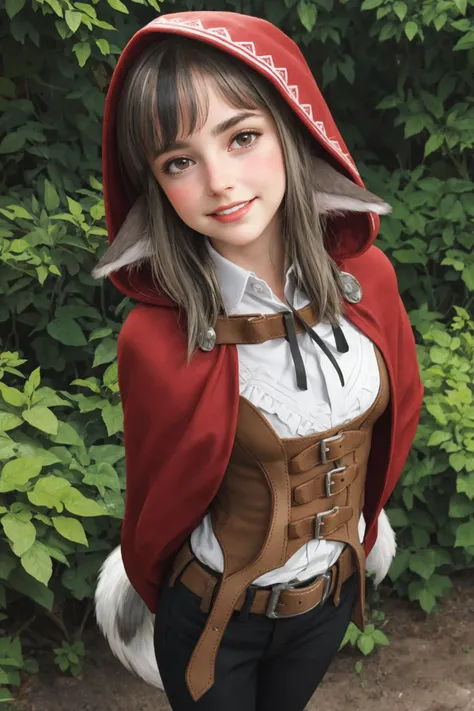 (best quality, ultra detailed), ((full-face blush)), (detailed background:1.2), (perfect face, detailed face), looking at viewer, (mature female:1.4), smile
<lora:velouria:1> velouria, animal ears, long hair, wolf ears, streaked hair, hood, tail, wolf tail, black hair, hood up, pants, long sleeves, belt, boots
(garden, outdoors, standing, arms behind back),