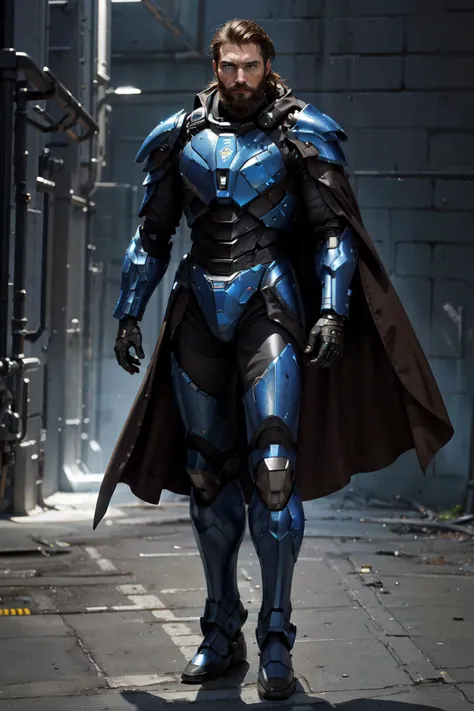 (masterpiece, best quality, ultra-detailed, best shadow), cinematic film still, photo of a man wearing a high tech scifi armor, mecha armor, male focus, armor, solo, facial hair, cape, beard, looking at viewer, blue eyes, blurry background, power armor, knee protection, standing, brown hair, science fiction