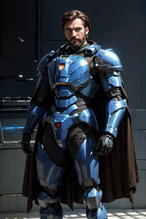 (masterpiece, best quality, ultra-detailed, best shadow), cinematic film still, photo of a man wearing a high tech scifi armor, mecha armor, male focus, armor, solo, facial hair, cape, beard, looking at viewer, blue eyes, blurry background, power armor, knee protection, standing, brown hair, science fiction
