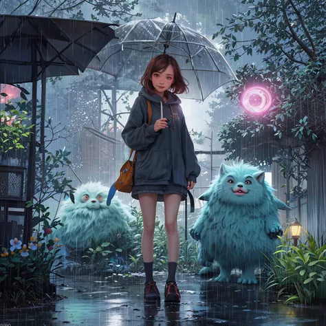 part-time 1girl geek, light rain, fluffy monsters around. <lora:LCM_lora_weightsXL:.60><lora:LCM_LoRA_Weights_SD15:.50><lora:Elixir-SD15-Enhancer:.75> <lora:epicphotogasm_lastUnicorn:.70>