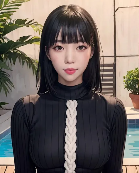pureerosface_v1:0.05, best quality, photorealistic, 8k, high res, 1girl, woman, (skindentation), (portrait:0.6), gorgeous, dynamicpose, ((poolsidebackground:1.6)), ((necksweater:1.79)), straight-looking at viewer:1.8, (1girl eyes looking at viewer, medium-length hair, brownhair, partedbangs:1.45), (bokeh), smile:1.2, (closed mouth:1.16), <lora:AAG-baerasoni:0.65>
