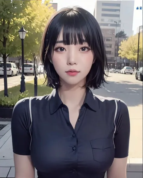 pureerosface_v1, best quality, photorealistic, 8k, high res, full color, 1girl, woman, 20 years old woman, (closed mouth:1.73), (skindentation), (portrait:0.6), trees, park bench, daylight, ((park background:1.52)), full color, ((whitecollarshirt, buttonedblueshirt:1.58)), looking at viewer:1.8, (1girl eyes looking at viewer:1.55), (medium hair, brownhair, sweptbangs:1.45), (bokeh), <lora:AAG-baerasoni2:0.64>