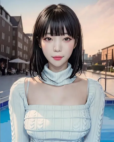 pureerosface_v1:0.05, best quality, photorealistic, 8k, high res, 1girl, woman, (skindentation), (portrait:0.6), gorgeous, dynamicpose, ((poolsidebackground:1.6)), ((necksweater:1.79)), straight-looking at viewer:1.8, (1girl eyes looking at viewer, medium-length hair,  brownhair, partedbangs:1.45), (bokeh), smile:1.2, (closed mouth:1.16), <lora:AAG-baerasoni:0.65>