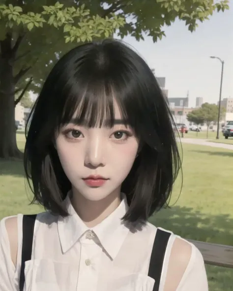 pureerosface_v1, best quality, photorealistic, 8k, high res, full color, 1girl, woman, 20 years old woman, (closed mouth:1.73), (skindentation), (dynamic pose:0.6), trees, park bench, daylight, ((park background:1.52)), full color, ((whitebuttonedshirt:1.58)), looking at viewer:1.8, (1girl eyes looking at viewer:1.55), (medium hair, brownhair, partedbangs:1.45), (bokeh), <lora:AAG-baerasoni2:0.64>