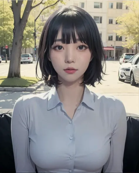 pureerosface_v1, best quality, photorealistic, 8k, high res, full color, 1girl, woman, 20 years old woman, (closed mouth:1.73), (skindentation), (portrait:0.6), trees, park bench, daylight, ((park background:1.52)), full color, ((whitecollar,shirt buttonedblueshirt:1.58)), looking at viewer:1.8, (1girl eyes looking at viewer:1.55), (medium hair, brownhair, sweptbangs:1.45), (bokeh), <lora:AAG-baerasoni2:0.64>
