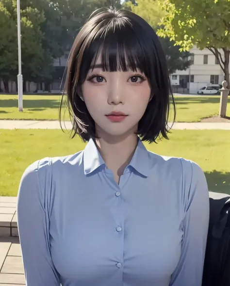 pureerosface_v1, best quality, photorealistic, 8k, high res, full color, 1girl, woman, 20 years old woman, (closed mouth:1.73), (skindentation), (portrait:0.6), trees, park bench, daylight, ((park background:1.52)), full color, ((whitecollar,shirt buttonedblueshirt:1.58)), looking at viewer:1.8, (1girl eyes looking at viewer:1.55), (medium hair, brownhair, sweptbangs:1.45), (bokeh), <lora:AAG-baerasoni2:0.64>