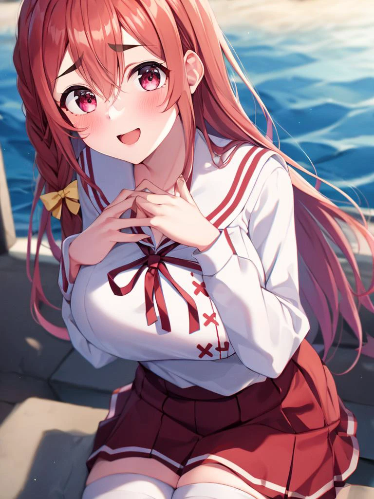 masterpiece, best quality,( 1girl:1.6), long_hair, (Best quality, 8k, 32k, Masterpiece, UHD:1.2), outdoors, smile, open_mouth, looking_at_viewer, ,huge breasts, (squatting:1.3), <lora:sakurasawa_sumi_v1:1> aasumi, long hair, single braid, hair bow, serafuku, sailor collar, neck ribbon, red ribbon, white shirt, long sleeves, red skirt, pleated skirt, white thighhighs,
