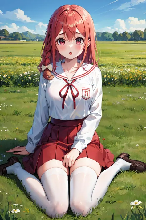 masterpiece, best quality, highres, aasumi, long hair, single braid, hair bow, serafuku, sailor collar, neck ribbon, red ribbon, white shirt, long sleeves, red skirt, pleated skirt, white thighhighs, <lora:sakurasawa_sumi_v1:0.7>, :o, wariza, grass, field, socks, loafers,