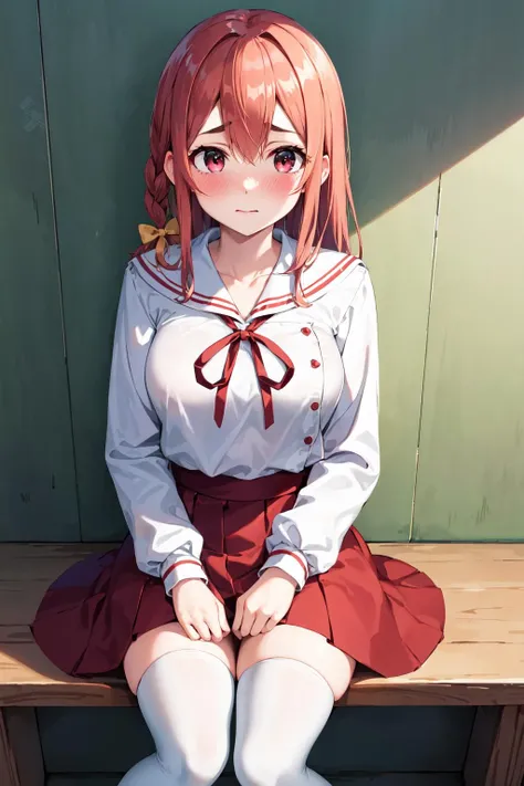 masterpiece, best quality, highres, aasumi, long hair, single braid, hair bow, serafuku, sailor collar, neck ribbon, red ribbon, white shirt, long sleeves, red skirt, pleated skirt, white thighhighs, <lora:sakurasawa_sumi_v1:0.7>, standing, sitting, embarrassed, blush, hand between legs,