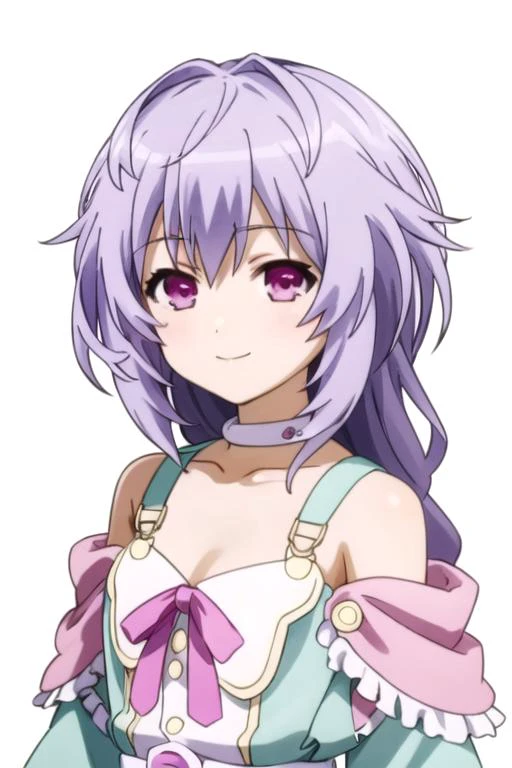 solo, 1girl, looking at viewer, 2D, anime, anime coloring, upper body, (simple background, solid white background:1.3), <lora:pururut-choujigenneptune:0.75>, pururut (neptunia), choker, dress, smile