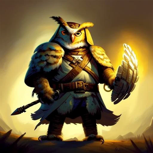 Medium shot of a Olmec, Great Horned Owl Owlfolk person, fantasy, Frostpunk,  Volumetric lighting:0.8, concept art, brush stroke style, artstation, trending, highly detailed