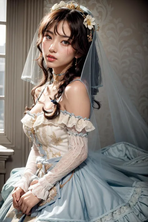 (realistic:1.3), finely detailed, quality, rembrandt lighting, (masterpiece:1.2), (photorealistic:1.2), (best quality), (detailed skin:1.3), (intricate details), dramatic, ray tracing, 1girl, japanese girl, 21 years old, detailed skin texture, (blush:0.5), (goosebumps:0.5), subsurface scattering, smiling, medium breasts, long hair curls, bangs, hair between eyes, hair ornament, hair flower, veil, dress, lace, frills, see-through, choker, wrist cuffs, cshy, cshy \(manaka nemu\), (arms at side:1.2), cowboy shot, (bright sunny day), <lora:Dress No.5 V2.5 cshy:0.8>