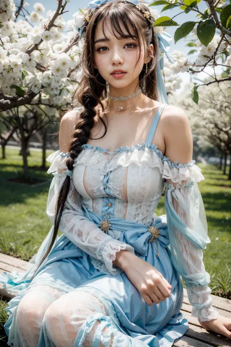 (realistic:1.3), finely detailed, quality, rembrandt lighting, (masterpiece:1.2), (photorealistic:1.2), (best quality), (detailed skin:1.3), (intricate details), dramatic, ray tracing, 1girl, japanese girl, 21 years old, detailed skin texture, (blush:0.5), (goosebumps:0.5), subsurface scattering, smiling, medium breasts, long hair curls, bangs, hair between eyes, hair ornament, choker, ribbon, bow, white and cyan dress, long dress, lace, frills, detached sleeves, long sleeves, cshy \(manaka nemu\), (arms at side:1.2), sitting, (bright sunny day, outdoors, fruit orchard, trees, sky), <lora:Dress No.5 V3 cshy:0.9>