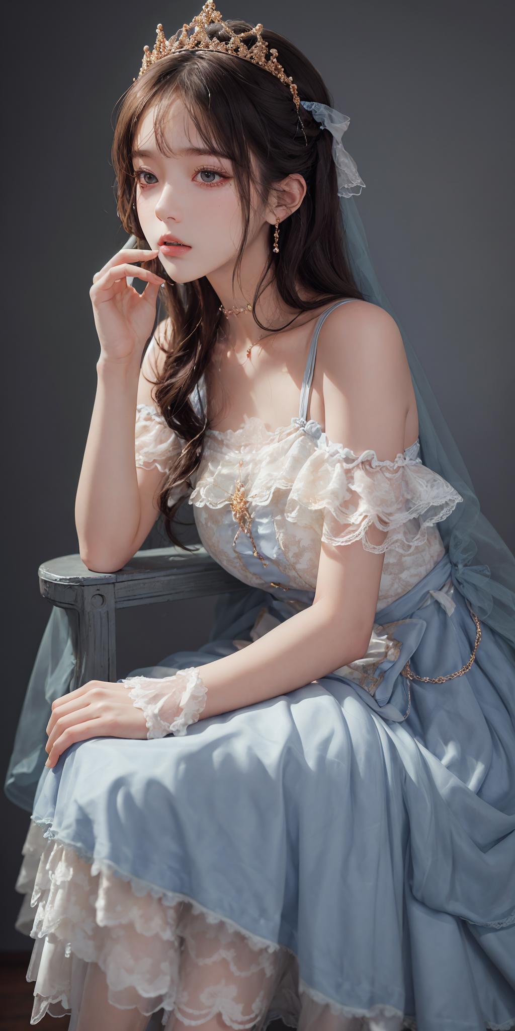 A woman in a blue dress and tiable sits on a chair - SeaArt AI