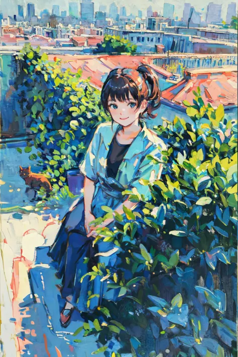 <lyco:impress:1.0>impressionist, garden, shinjuku, cat,  rooftop, from above,
(best quality, masterpiece, RAW photo,ultra-detailed:1.2), <lyco:GoodHands-beta2:1.0>,1girl,solo,looking at viewer,smile