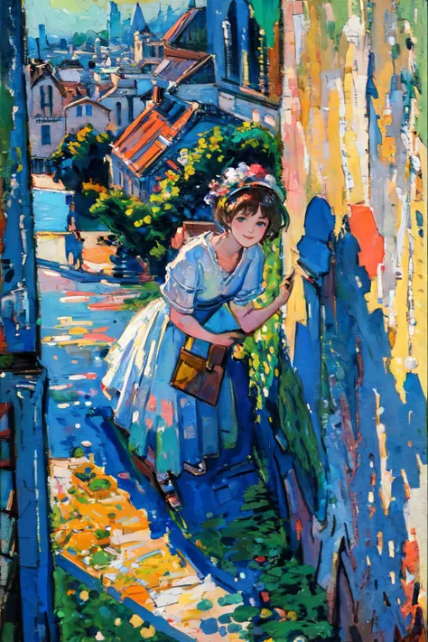 <lyco:impress:0.9>impressionist, city, bullding, rooftop, from above,impressionist art style,
(best quality, masterpiece, RAW photo,ultra-detailed:1.2), <lyco:GoodHands-beta2:1.0>,1girl,solo,looking at viewer,smile