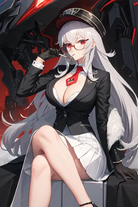 best quality, masterpiece, highres, solo, {black business suit:1.40}, {tie:1.20}, {sunglasses:1.25}, {white gloves:1.15}, {white shirt:1.10}, {black skirt:1.15}, {smoking:1.20}, handsome, {graf_zeppelin_azurlane:1.15}, long_hair, hair_between_eyes, breasts, bangs, red_eyes, large_breasts, white_hair, cleavage, blush, hat, grey_hair, very_long_hair