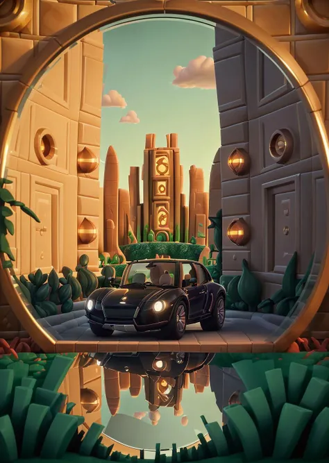 a Mid-size luxury car in The Mirror Maze landscape at Sunset