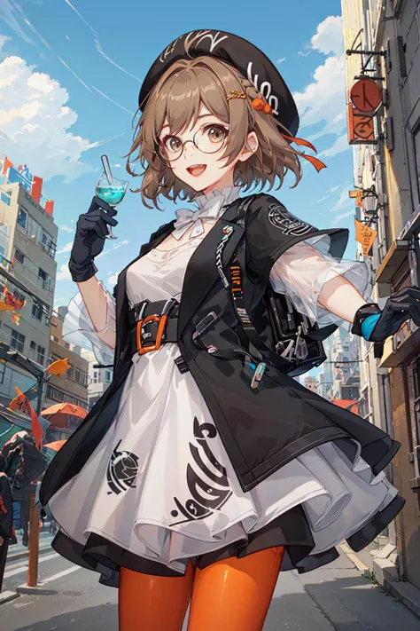 looking at viewer, <lora:mageleinaV2:0.6>, 1girl, solo, gloves, pantyhose, glasses, hat, brown hair, brown eyes, beret, smile, dress, open mouth, hair ornament, short hair, blue sky, sunshine,clound,modern, city,