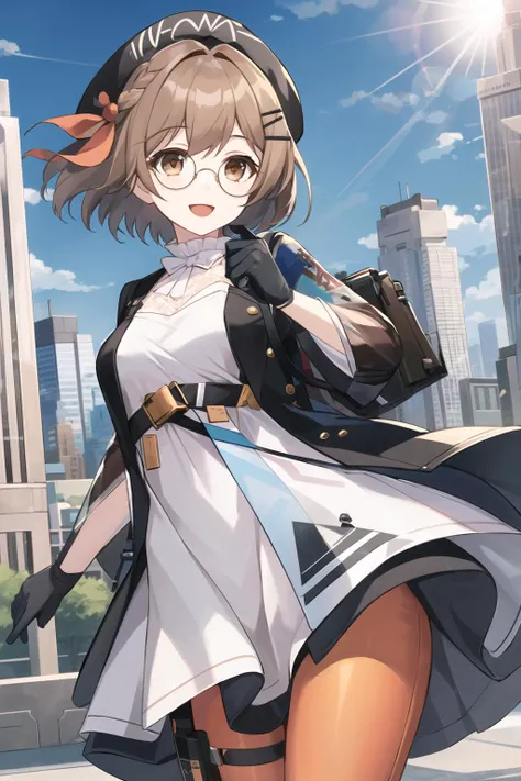 masterpiece, best quality, <lora:mageleinaV2:0.8:AACC>,
1girl, solo, gloves, pantyhose, glasses, hat, brown hair, brown eyes, beret, smile, dress, open mouth, hair ornament, short hair, blue sky, sunshine,clound,modern, city,