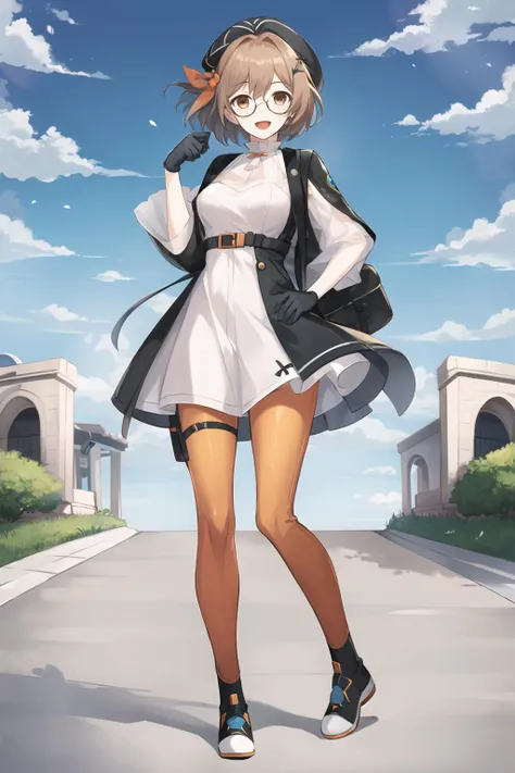 masterpiece, best quality, <lora:mageleinaV2:0.8:AACC>,
1girl, solo, hand on hips, full body, gloves, glasses, hat, brown hair, brown eyes, beret, smile, dress, open mouth, hair ornament, pantyhose, orange pantyhose, short hair, shoes, blue sky, sunshine,clound,