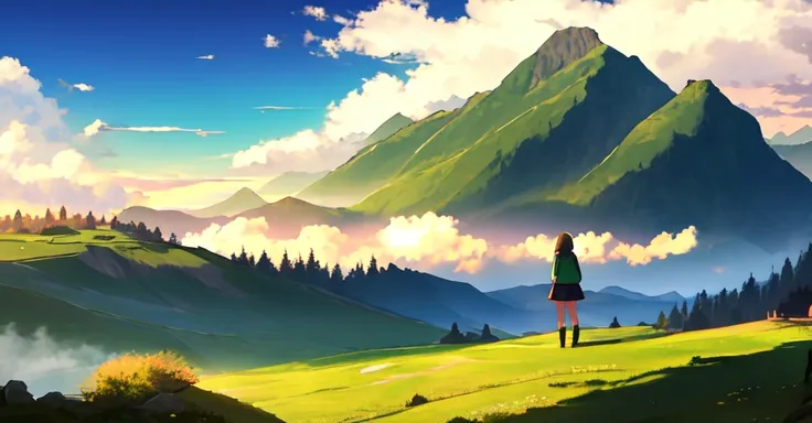 landscape, green rolling hills, 1girl, standing to the right side, looking at viewer, from behind, mountains, clouds