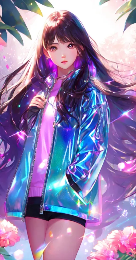 1girl, looking at viewer, (highly detailed), (realistic), reflections (transparent) iridescent opaque jacket, long transparent iridescent hair, bloom, depth of field, bokeh, cinematic lighting, dynamic pose, (full body), ((ultra realistic perfect face))