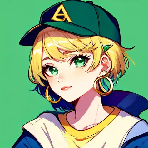 masterpiece, best quality, 1girl, aqua eyes, baseball cap, blonde hair, closed mouth, earrings, green background, hat, hoop earrings, jewellery, looking at viewer, shirt, short hair, simple background, solo, upper body, yellow shirt