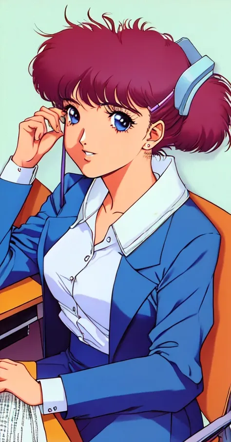 80s anime still, office girl at desk, muted pastel colors, Yoshiaki Yoshiaki Kawajiri