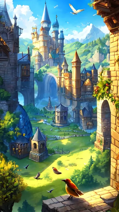 medieval kingdom. sunny morning. 8k resolution. ratio 3:2. very high drawing skills. bird's eye viewpoint. very stunning view. amazing light effects. thick medieval fantasy illustrations. very large area.