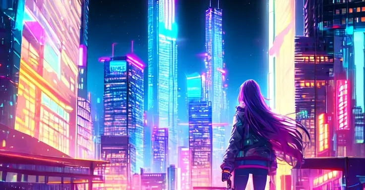 cityscape, cyberpunk skyscrapers, 1girl, iridescent clothing, long hair, standing to the right side, looking at viewer, from behind, neon, bloom, bokeh, night, masterpiece