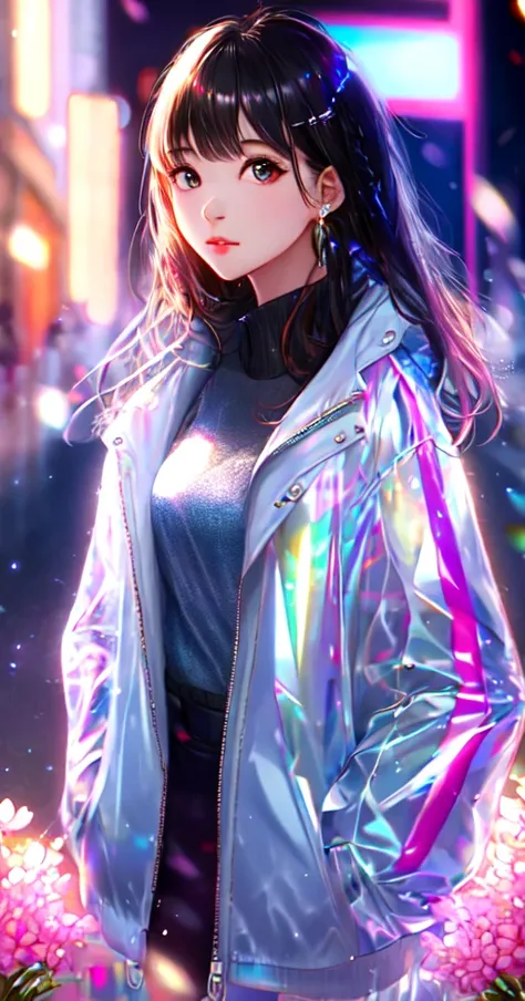 1girl, looking at viewer, (highly detailed), (realistic), reflections (transparent) iridescent opaque jacket, long transparent iridescent hair, bloom, depth of field, bokeh, cinematic lighting, dynamic pose, (full body), ((ultra realistic perfect face))