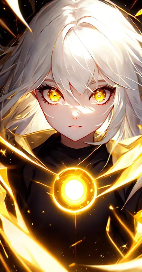 mksks style, 1girl, cute, surrounded by yellow lighting, gold eyes, white hair, black background, closeup, no smile, masterpiece, ultra detailed