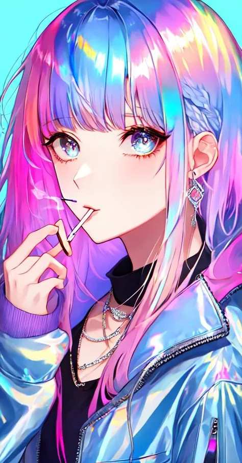 girl, anime, looking at viewer with a cigarette in her mouth, highly detailed, reflections transparent iridescent opaque jacket, long transparent iridescent reflective hair, perfect face, (pastel colors)