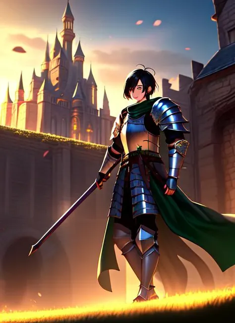 1boy, highres, knight, armor, standing, green hill, castle, black hair, wide shot, masterpiece, best quality, perfect hands <lora:adventurers_v1:0.7>