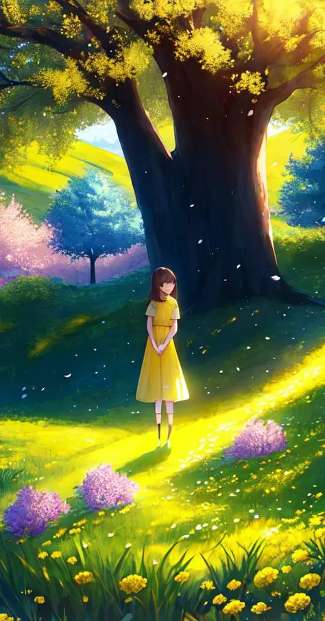 One girl, next to tree, masterpiece, ultra detailed, HD, 4K, yellowish landscape, flowers on grass, flowers blooming