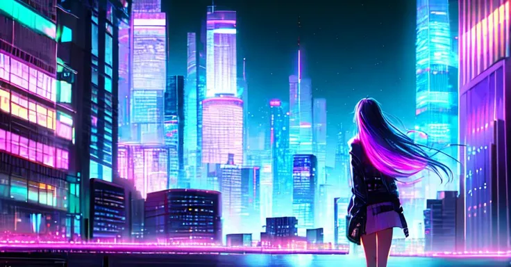 cityscape, cyberpunk skyscrapers, 1girl, iridescent clothing, long hair, standing to the right side, looking at viewer, from behind, neon, bloom, bokeh, night